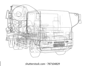 Truck mixer sketch. Vector rendering of 3d. The layers of visible and invisible lines are separated