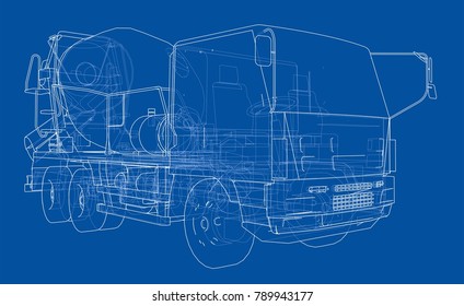 Truck mixer sketch. Vector rendering of 3d. The layers of visible and invisible lines are separated