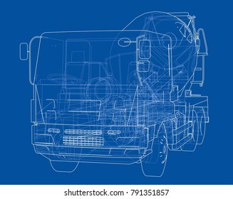 Truck mixer sketch. Vector rendering of 3d. The layers of visible and invisible lines are separated