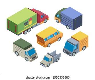 Truck models isometric 3D vector illustrations set. Shipping and delivery transport isolated pack. Modern cargo trailers on white background. Different logistics vehicles collection