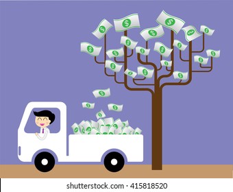 Truck With Money, businessman collect money dollar by tree. interest and dividend concept. idea business.