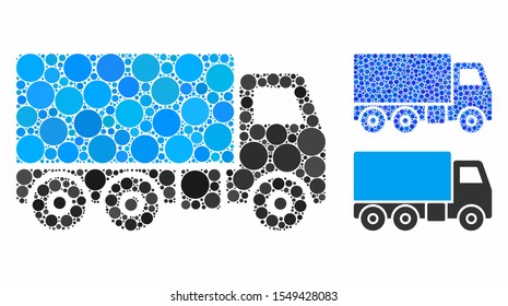 Truck mosaic of round dots in variable sizes and color tones, based on truck icon. Vector round dots are united into blue composition. Dotted truck icon in usual and blue versions.