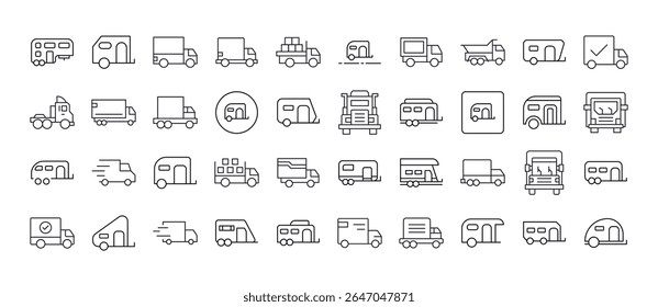Caminhão e Motor Home Line Icon Pack. Outline Signs para Gráficos e Web Design, Apps, Anúncios, Vários Cartões 