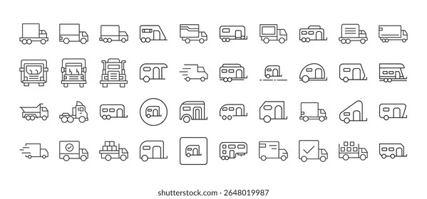 Caminhão e Motor Home Line Icon Collection. Outline Signs para Gráficos e Web Design, Apps, Anúncios, Vários Cartões 