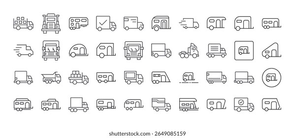 Caminhão e Motor Home Line Icon Bundle. Outline Signs para Gráficos e Web Design, Apps, Anúncios, Vários Cartões 
