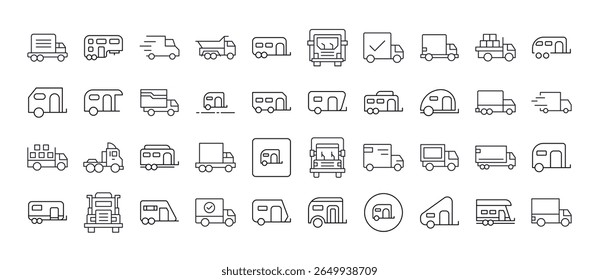 Caminhão e Motor Home Thin Line Icon Set. Outline Signs para Gráficos e Web Design, Apps, Anúncios, Vários Cartões 
