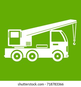 Truck mounted crane icon white isolated on green background. Vector illustration