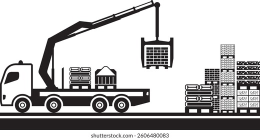 Truck mounted crane loading construction materials – vector illustration