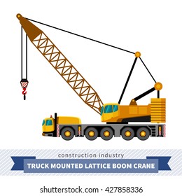 Truck mounted lattice boom. Side view mobile crane isolated vector illustration