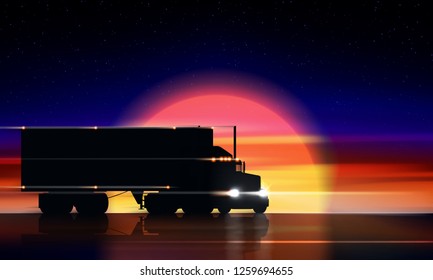 Truck moves on the highway at sunset. Classic big rig semi truck with headlights and dry van in the dark on the night road on the background of a colorful sunset and starry sky, vector illustration