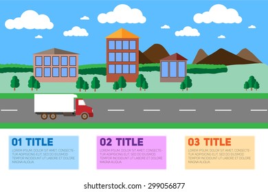 The truck moves on the road of the small city which is located near the sea. Infographics of delivery of freight.