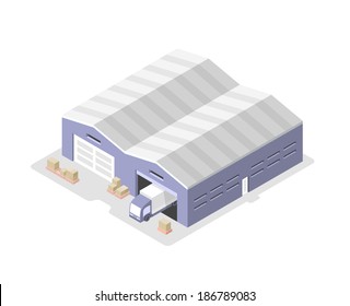 Truck moves out of the warehouse to deliver cargo. Isometric illustration
