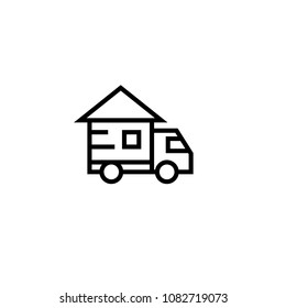 truck moving house icon with home symbol. relocation concept. simple clean thin outline style design.