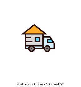 Truck Moving House Icon With Home Symbol. Relocation Concept. Simple Clean Thin Outline Style Design.