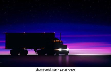 Truck moving on the highway at night. Classic big rig semi truck with headlights and dry van in the dark on the night road on bright starry sky background, vector illustration