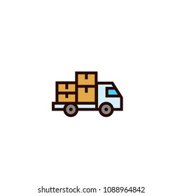 truck moving package icon with stack of cardboard boxes symbol. delivery and relocation concept. simple clean thin outline style design.