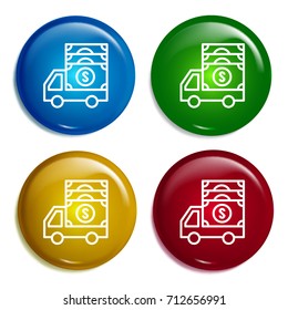 Truck multi color gradient glossy badge icon set. Realistic shiny badge icon or logo mockup