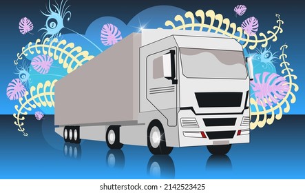 Truck. A multi-wheeled truck in light colors reflects off the surface against the background of overlapping flowing art elements in blue space. Vector. 