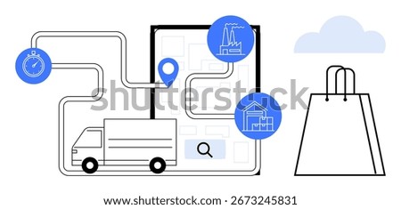 Truck navigating a route map with factory and warehouse icons, stopwatch, and shopping bag. Ideal for logistics, delivery, e-commerce, supply chain, shipping transportation and retail. Line