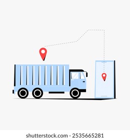Caminhão com pino de navegação e dispositivo móvel em ilustração vetorial plana simbolizando rastreamento de localização, logística e serviço de entrega, isolado no fundo branco.