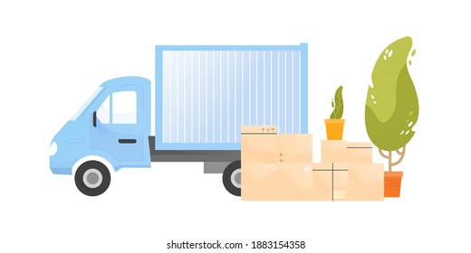 Truck near a pile of cardboard boxes with belongings and houseplants vector flat illustration. Cargo transportation for moving to new house isolated. Vehicle of shipping service or transport company