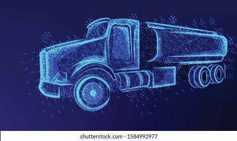 truck, oil tanker, oil transportation.abstract low poly wireframe mesh design. from connecting dot and line. vector illustration on blue background