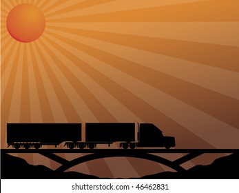Truck on bridge passing in the sunset
