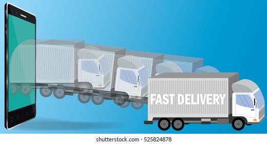 The truck on the mobile phone screen. Isometric Design for commercial free fast shipping.wide design