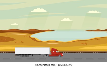 Truck on the road. Autumn rural landscape with lake. Heavy trailer truck. Logistic and delivery concept. Vector illustration.