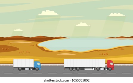 Truck on the road. Autumn rural landscape with lake. Heavy trailer truck. Logistic and delivery concept. Vector illustration.