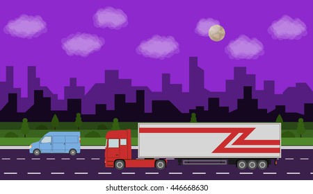 Truck on the road. City night time landscape. Heavy trailer truck. Logistic and delivery concept. Vector illustration.