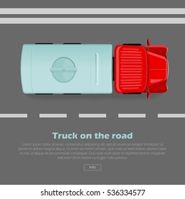 Truck on road conceptual web banner. Truck with tanker goes on highway flat vector illustration. Industrial transport and city traffic concept. For building or transport company landing page design 
