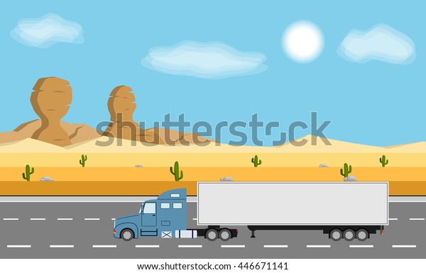 Truck on the road. Desert with rocks  and\
cactus landscape. Heavy trailer trucks. Logistic and delivery\
concept. Vector\
illustration.