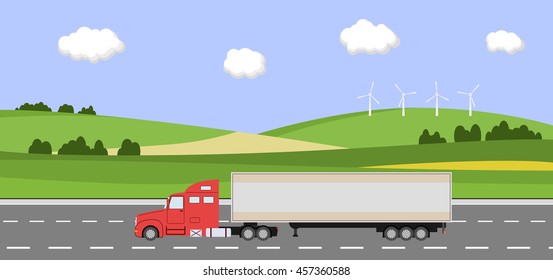 Truck on the road. Rural landscape with windmill. Heavy trailer truck. Logistic and delivery concept. Vector illustration.