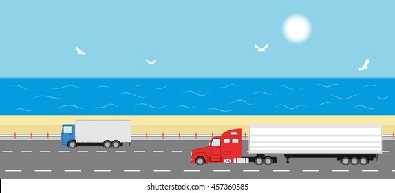 Truck on the road. Sea shore landscape. Two heavy trailer trucks. Logistic and delivery concept. Vector illustration.