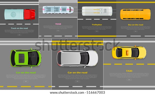 Truck on the road. Tram. Trolleybus. Bus on the\
road. Car on the road. Taxi. Auto transport web banners set.\
Wheeled, self-powered motor vehicles used for transportation. Auto\
in flat style. Vector