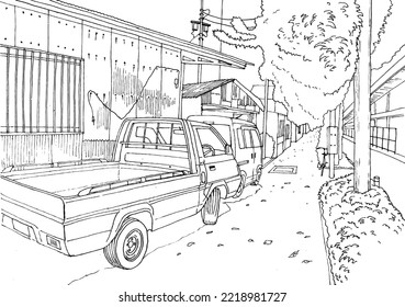 Truck on a small street in Tokyo, line drawing art