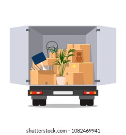 Truck with an open body. Inside the box with things. The concept of moving. Vector flat illustration. Isolated object on white background.