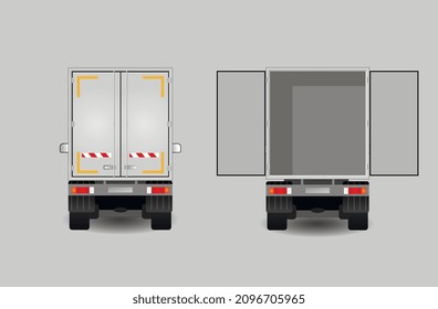 Truck with open and closed body doors, rear view. Cargo delivery van. Flat vector illustration.