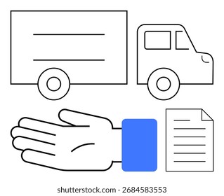 El camión, el gesto de la mano abierta y el documento simbolizan el servicio de entrega, la logística, la recepción de paquetes y el envío. Ideal para conceptos de entrega, logística, Cliente de gestión de envío de servicio de mensajería