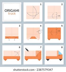 Modelo de movimiento de tutoriales de esquema de origami de camión. Origami para los niños. Paso a paso cómo hacer un lindo transporte de origami. Ilustración vectorial.