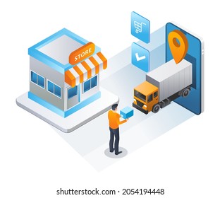 Truck out of smartphone to deliver goods in isomertric illustration