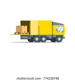 Truck with pallet and a package on the loading platform. Flat vector design illustration.
