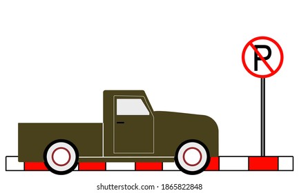 Truck parked in a prohibited area with a red and white line. No parking sign
