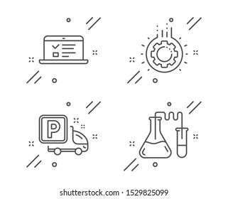 Truck parking, Gear and Web lectures line icons set. Chemistry lab sign. Free park, Work process, Online test. Medical laboratory. Business set. Line truck parking outline icon. Vector