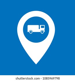 Truck parking here, pinpoint white isolated icon.Truck parking map marker pin, vector illustration.