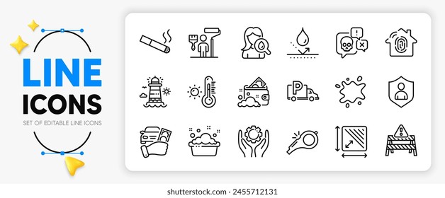 Truck parking, Launder money and Square area line icons set for app include Employee hand, Cyber attack, Security outline thin icon. Lighthouse, Dirty spot, Painter pictogram icon. Vector