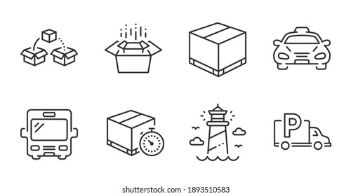 Truck parking, Lighthouse and Delivery box line icons set. Delivery timer, Packing boxes and Bus signs. Taxi, Parcel shipping symbols. Free park, Beacon tower, Cargo package. Vector