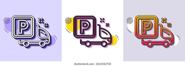 Truck parking line icon. Halftone dotted pattern. Gradient icon with grain shadow. Car park sign. Transport place symbol. Line truck parking icon. Various designs. Vector
