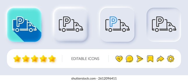Truck parking line icon. Neumorphic, Flat shadow, 3d buttons. Car park sign. Transport place symbol. Line truck parking icon. Social media icons. Vector